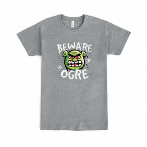T-shirt Beware Ogre grigia con scollo rotondo e maniche corte, maglietta promozionale con grafica - Product Image 3