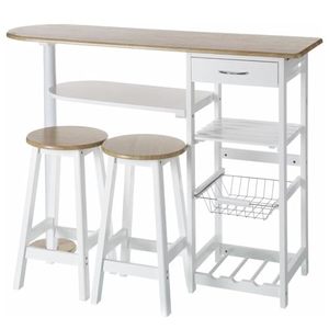 Ensemble table Peninsula avec 2 tabourets en chêne blanc 119x38,5x88,5 cm, comptoir de cuisine avec étagères de rangement et panier - Product Image 1