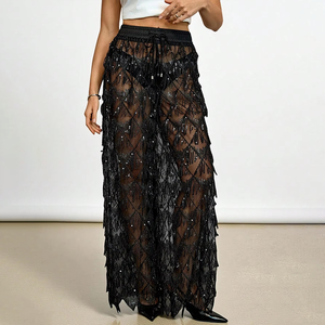 Pantaloni Larghi da Donna in Pizzo Traspiranti ed Ecologici 100% Poliestere con Paillettes Ricamate Stile <span class=keywords><strong>Sexy</strong></span> da Club - Product Image 4