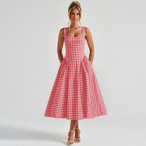 Personalizar diseño de moda estilo francés fresco a cuadros estampado ajustado sin espalda cuello Halter cintura delgada vestido de <span class=keywords><strong>princesa</strong></span> - Product Image 4