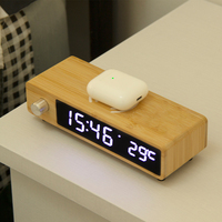 EMAF Bambú Retro Perilla Temperatura Digital Alarma de madera Cargador inalámbrico electrónico Cargador inalámbrico Rápido Reloj de mesa de escritorio