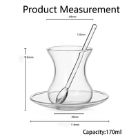 Ensemble de tasses à thé turques en verre borosilicate de haute qualité avec soucoupe et cuillère, 170 ml, résistant à la chaleur, passe au micro-ondes et au lave-vaisselle, design moderne transparent