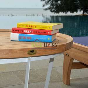 The Cattalina <b>Round</b> <b>Table</b> has a sturdy base made of iron and aluminum, with a <b>top</b> made of high-quality teak <b>wood</b> - Product Image 5