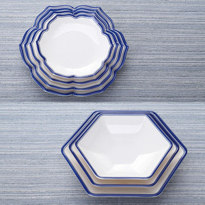 A8 Imitation Porcelain <b>Plate</b> with <b>Melamine</b> Blue Edge Tableware, Hot Pot <b>Plate</b>, Creative Vegetable <b>Plate</b>, Buffet Shallow <b>Plate</b>, - Product Image 3