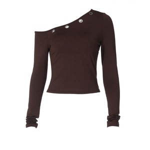 T-shirts pour femmes 2026, col en diagonale, découpe irrégulière, manches longues, crop top slim, noir, marron, <span class=keywords><strong>tee</strong></span>-<span class=keywords><strong>shirt</strong></span> - Product Image 6
