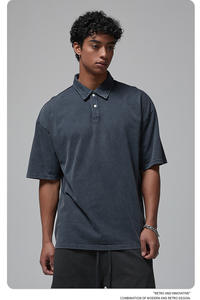 <span class=keywords><strong>Polo</strong></span> de algodón batik de doble hilo para hombre, estilo urbano, con cuello vintage desgastado, botones y dobladillo dividido, manga corta - Product Image 5