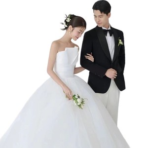 Strapless A-Line White Tulle Wedding Dress Natural Waist Simple Folds Petite Bride Travel Photoshoot Dress - Product Image 5