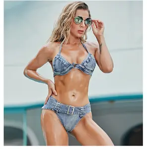 Jean Bikini With Belt, Denim Bikini Set Thong with Jeans Shorts and Bra for Beach/