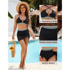 Conjunto de bikini de cintura alta para mujer con falda de malla, control de abdomen, push-up, traje de baño de 2 piezas con cuello en V profundo y bloques de color - Product Image 4