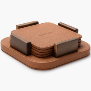 Sous-verres modernes empilables faits à la main et écologiques en bois de noyer et cuir pour restaurants, maisons et hôtels - Product Image 3