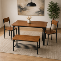 Table à manger en bois avec 2 chaises et banc de rangement, structure en métal noir, meubles de salle à manger pour la maison et la cuisine