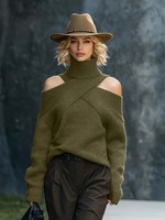 Pull en maille à col roulé pour femme, coupe croisée, épaules dénudées, boutonné, manches longues, couleur unie, automne-hiver