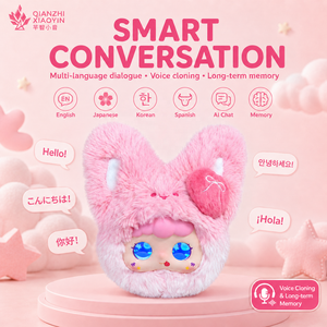 Llavero de Peluche de Conejito Rosa con IA, Cara de Fresa con Pompón, Ojos Holográficos, Clonación de Voz, Más de 50 Idiomas, WiFi Portátil - Product Image 4