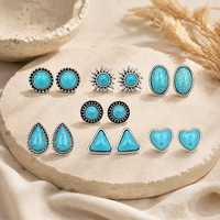 1 Pasang Anting Tusuk Turquoise Gaya Vintage Western Boho untuk Wanita, Perhiasan Geometris Southwestern Berbagai Gaya
