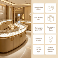 Solution de mobilier sur mesure pour bijouterie : Vitrine îlot incurvée, présentoir mural, finition or champagne, éclairage LED