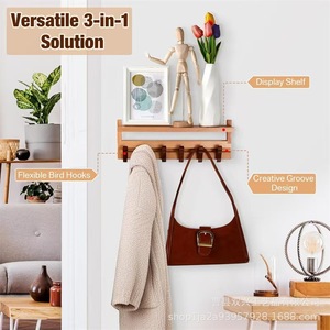 Estante de pared de madera con ganchos, organizador de entrada de 2 niveles para llaves y abrigos - Product Image 2