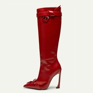 Women's Top Knot Belt Knee High Boots Pointed Toe Metal Buckles Long Booties Stiletto <b>Hook</b> Shape Heels Stage <b>Shoes</b> - Product Image 2