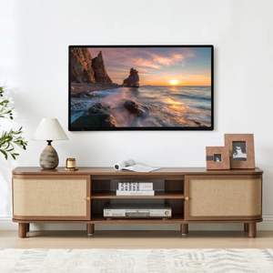 Factory Direct NEW Design Rattan Curved Door Tv Stand, Mid Farmhouse TV <b>Cabinet</b> with Natural Linen - Product Image 1