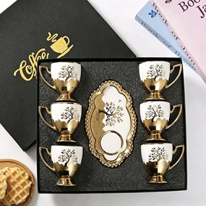Luxury <b>Ceramic</b> Coffee and Tea Mug Set Gold Rim Cup and Saucer Gift Box European Style 6 Piece Drinkware - Product Image 1