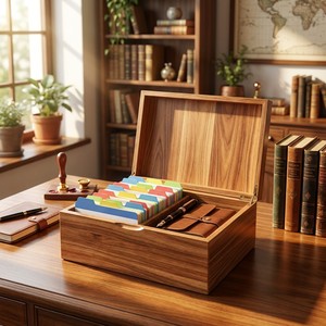 Organisateur de <span class=keywords><strong>cartes</strong></span> d'indexation en bois naturel Landy, boîte de rangement pour recettes en pin massif avec couvercle rabattable, <span class=keywords><strong>cartes</strong></span> catégorisées pour cuisine et maison, vente en gros - Product Image 3