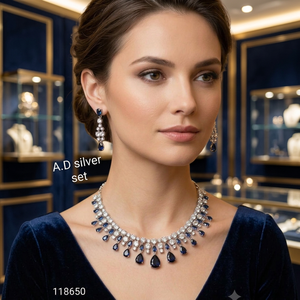 Certified <b>Silver</b> Plated Women's Bridal Set <b>Choker</b> Necklace Drop Earrings Zircon Tikka Style Third Party Appraised Jewelry - Product Image 2