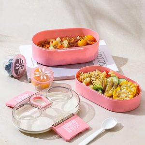 Lunch <b>Box</b> Double Layer Sealed Portable Freshness Locking Bento Container Pink And Blue <b>Mixed</b> Packaging Rectangle Shape - Product Image 4