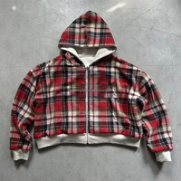 Sudadera con capucha reversible para hombre, diseño a cuadros rojos de franela, corte cropped y holgado, de doble cara, estilo streetwear.