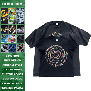 Camiseta de algodón 100% con estampado de perro curandero, lavado pesado, efecto desgastado, cómoda, con logo personalizado, pequeña producción. - Product Image 1