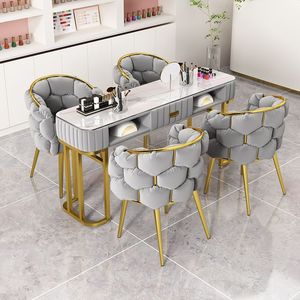 Modern Pink PU Leather <b>Manicure</b> <b>Table</b> and Chair Set with Gold Frame for Nail Beauty Salon Furniture 100x40x78cm - Product Image 4