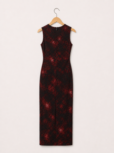 Elegante Vestido Largo sin Mangas en Negro y Rojo con Estampado Abstracto, Estilo Ajustado, Tejido Elástico Suave de Primera Calidad, Ideal para la Noche - Product Image 3