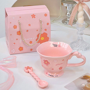Tasse en céramique classique de fleurs de cerisier avec cuillère pour le café de bureau des femmes utilisation micro-ondes et lave-vaisselle cadeau d'affaires Portable - Product Image 1