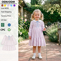 Robe smockée vintage à fleurs pour petite fille, manches longues, col festonné, tenue évasée à volants pour Pâques, mariage, séance photo de famille