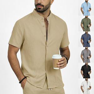 Men's Linen Stand Collar <b>Short</b> <b>Sleeve</b> <b>Shirt</b> Solid Color Casual <b>Button</b> <b>Up</b> Top Breathable Summer Wear - Product Image 1