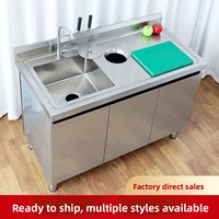 Table multifonction en acier inoxydable : station de découpe de fruits, comptoir de caisse, évier, bac à vaisselle et armoire de rangement
