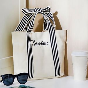 Bolso Tote Cuadrado de Lona Casual con Nombre Personalizado, Bolso de Hombro con Iniciales Bordadas, Cierre de Broche Superior, para Vacaciones de Verano - Product Image 3