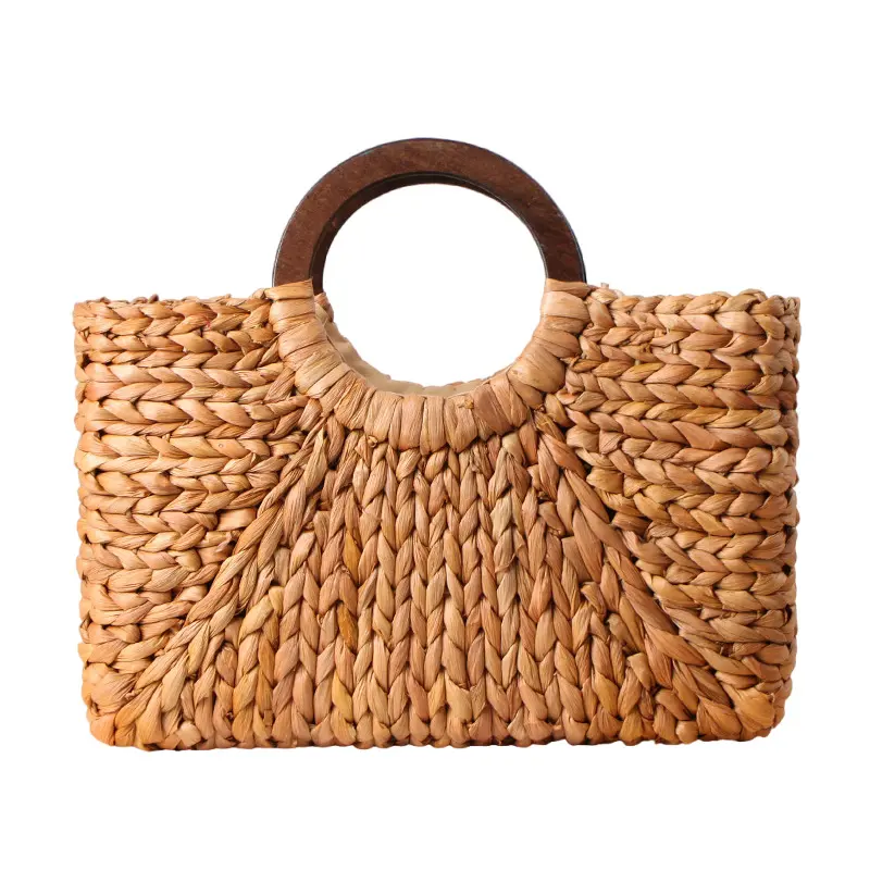 OEM servizio A Mano manico in legno spiaggia cestino sacchetto delle donne borsa di paglia