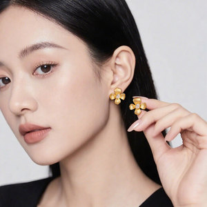 Flower Stud <b>Earrings</b> Gold Plated Copper Alloy Zircon Inlaid 925 Silver <b>Posts</b> Everyday Wear - Product Image 2
