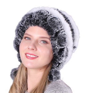 Gorro de Piel de Conejo Rex Natural al por Mayor, Gorro de Invierno para Mujer, Tejido, Cálido <span class=keywords><strong>y</strong></span> Suave, Gorro de Moda para Dama - Product Image 1