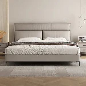 Moderne Minimalistische Stijl Gestoffeerd Bed Echt Lederen Bed Kingsize Slaapkamermeubilair