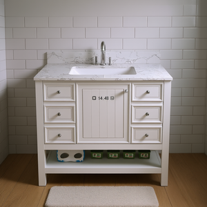 Mueble de baño moderno de 37 pulgadas en MDF con encimera de mármol blanco Carrara, lavabo individual, cajones y estante. - Product Image 2