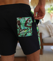 Shorts OEM noirs à imprimé floral patchwork, tissu à séchage rapide, taille élastique, vêtements de plage avec poche arrière, maillots de bain pour hommes