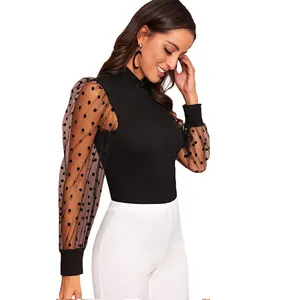 Women's Sheer Mesh Polka Dots Long Sleeve Slim Fit Top Blouse