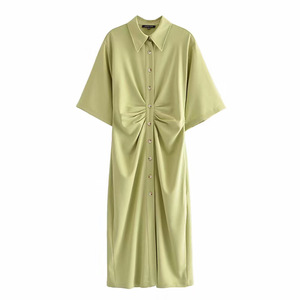 Donne Elegante di Modo Button-up Drappeggiato <span class=keywords><strong>Midi</strong></span> del Vestito Della <span class=keywords><strong>Camicia</strong></span> Del Manicotto Del Bicchierino Dell'annata Cerniera Laterale Femminili Abiti Vestidos - Product Image 3