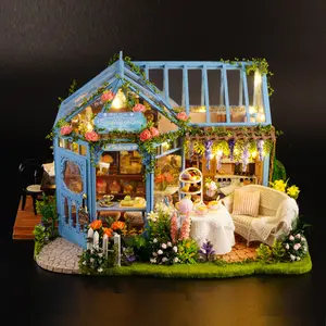 Kits de casa pequeña para regalo de San Valentín, Mini cafetería, muebles, luces Led en miniatura, casa de muñecas de madera, juguete