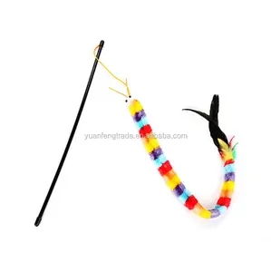 Cat teaser wand rainbow worm with feather tail cat interactive stick plush and feather head toy