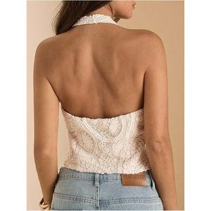 FOXA Top corto con cuello halter y bordado floral para mujer, top corto con cuello en V y espalda descubierta, tops elegantes para el tiempo libre - Product Image 2