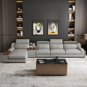 Combinaison de canapé en cuir haut de gamme ensemble de canapé en forme de L de salon moderne avec canapé multifonctionnel Usb Villa Hotel