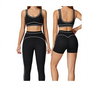 Ensemble de yoga noir sans coutures avec bordure contrastante blanche, short respirant en spandex taille mi-haute et brassière de sport dos nageur, tenue d'entraînement deux pièces - Product Image 1