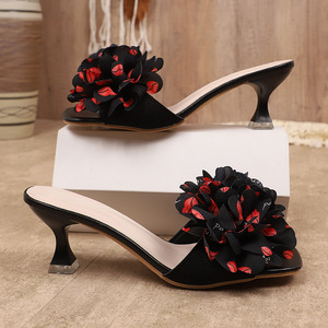 Women Square Open Toe 3D Fabric Flower Decor <b>Mule</b> Sandals Slip On Flared <b>Kitten</b> <b>Heel</b> Party Slippers - Product Image 5