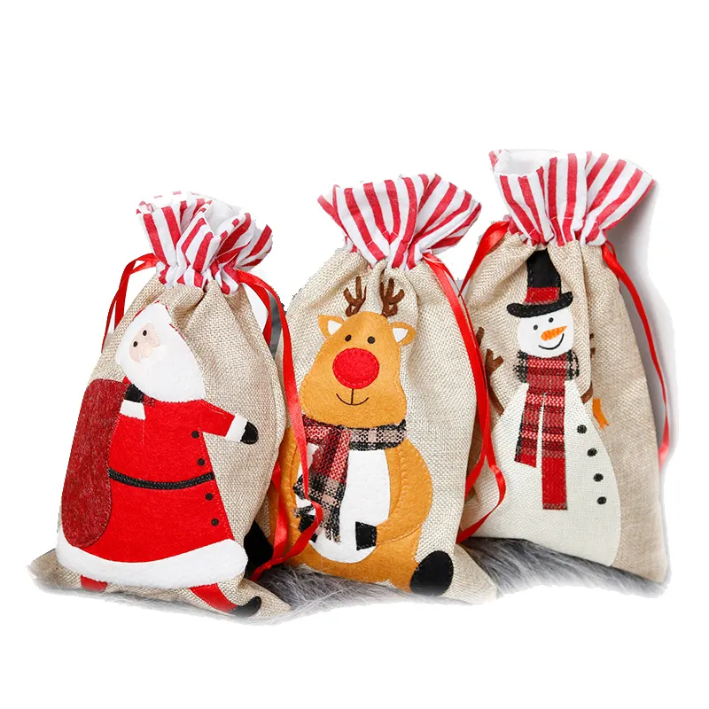 Wholesale Christmas Jute Candy Drawstring Bag Embroidered for Party Gifts Decorations Low MOQ Festival Christmas Bags Sacks